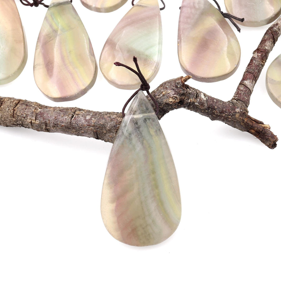 Natural Feather Fluorite Teardrop Pendant Top Side Drilled Gemstone A6