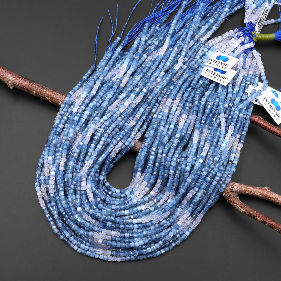 AAA Natural Santa Maria Blue Aquamarine Faceted 3mm Cube Beads Ombre Gemstone 15.5" Strand
