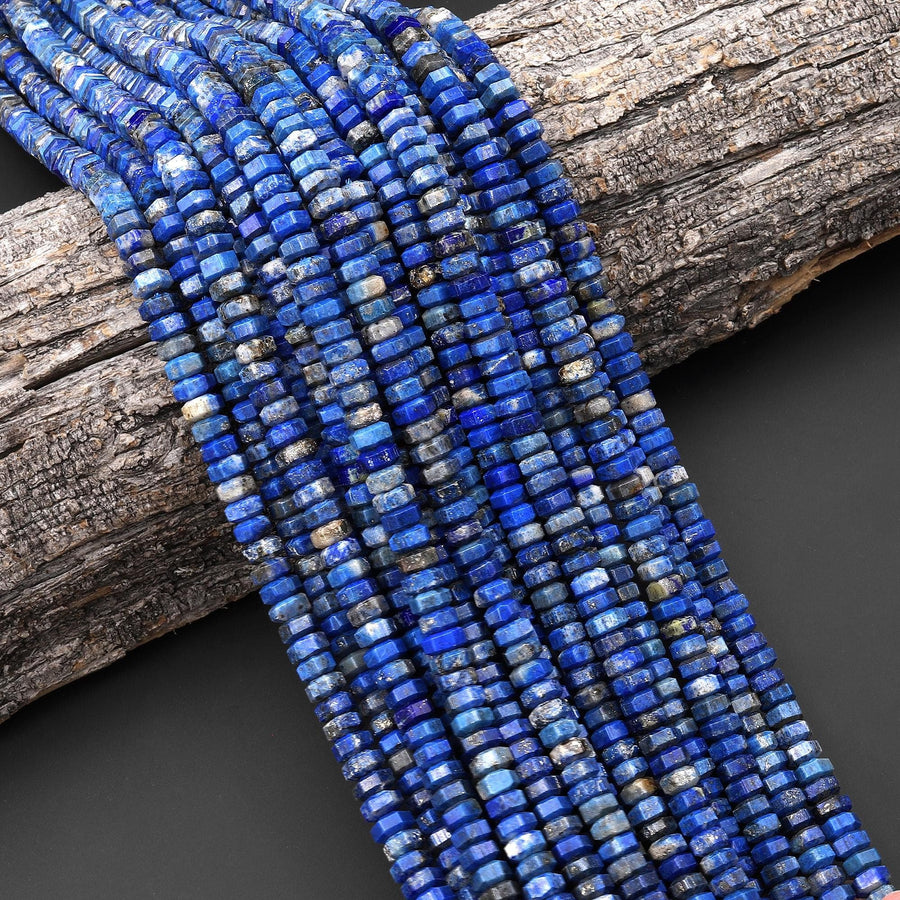 AAA Faceted Natural Denim Blue Lapis Beads 6mm hexagon Heishi Rondelle 15.5" Strand