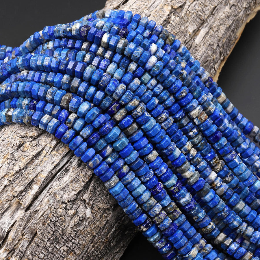 AAA Faceted Natural Denim Blue Lapis Beads 6mm hexagon Heishi Rondelle 15.5" Strand