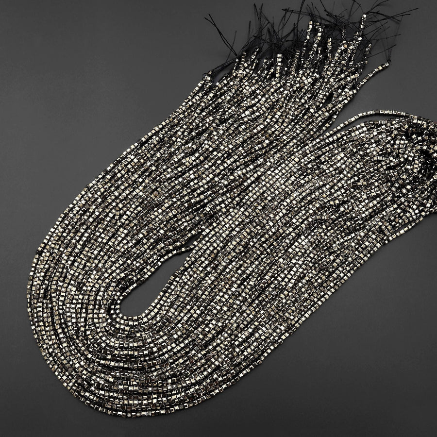 AAA Natural Iron Pyrite Faceted 3mm Cube Beads Diamond Cut Gemstone 15.5" Strand