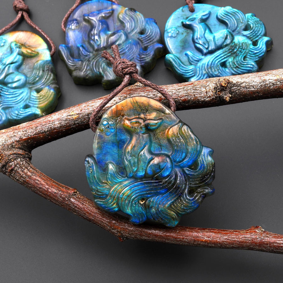 AAA Hand Carved Natural Nine-Tailed Fox Blue Labradorite Pendant Gemstone Focal Bead A11