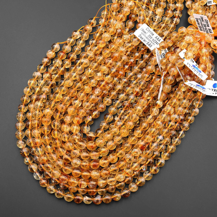 AAA Natural Golden Citrine 6mm 8mm 10mm 12mm Smooth Round Beads Gemstone 15.5" Strand