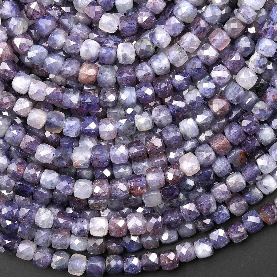 Rare Natural Sunstone Iolite Faceted 4mm Cube Gemstone Beads 15.5" Strand