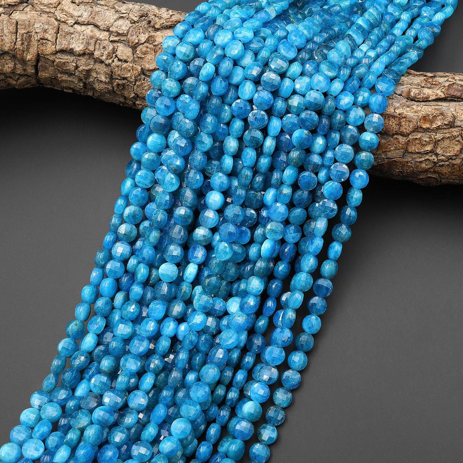 AAA Natural Blue Apatite Faceted Coin 6mm Beads Gemstone 15.5" Strand