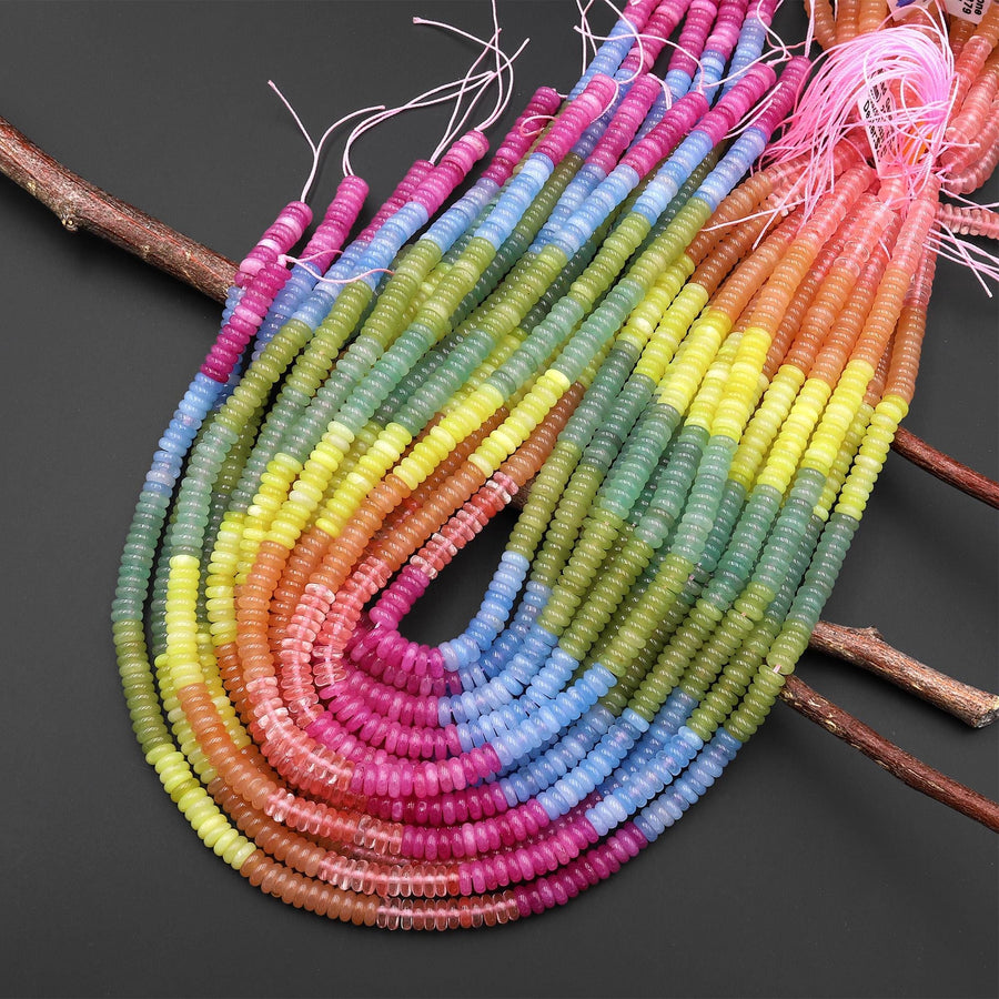 Pastel Harmony Multicolor Jade 6mm Smooth Thin Rondelle Heishi Beads Cherry Quartz Lemon Jade 15.5" Strand