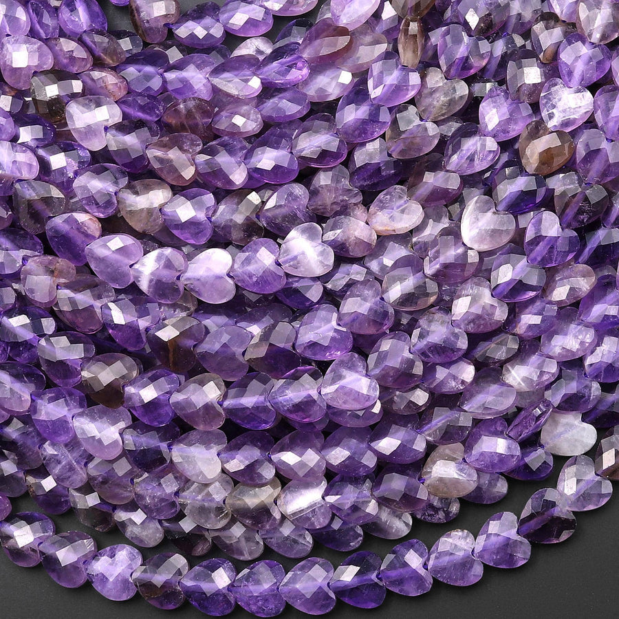 Natural Purple Amethyst Faceted Heart Beads 6mm Center Drilled Gemstone 15.5" Strand