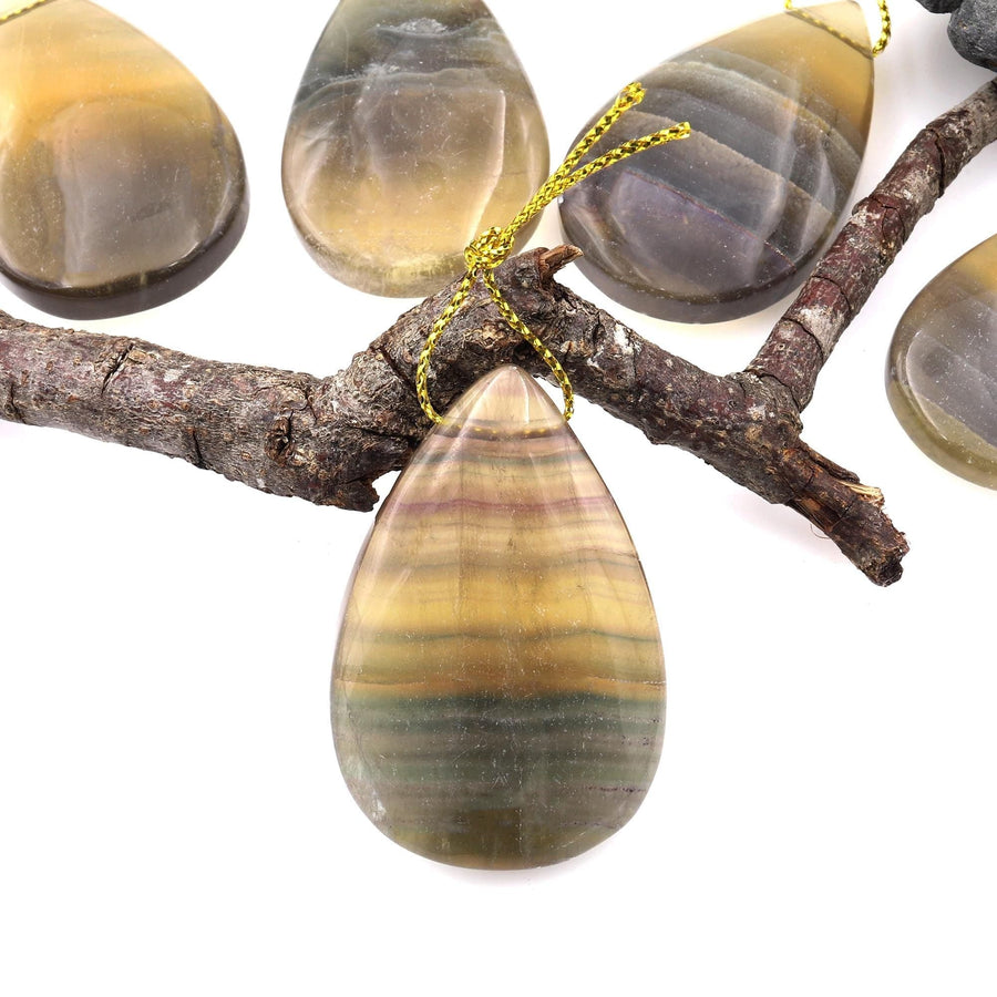 Natural Honey Amber Banded Fluorite Teardrop Pendant Top Side Drilled Gemstone