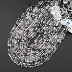 Faceted Natural Black Tourmaline Rutilated Quartz 3mm 4mm Round Beads Micro Cut Gemstone 15.5" Strand