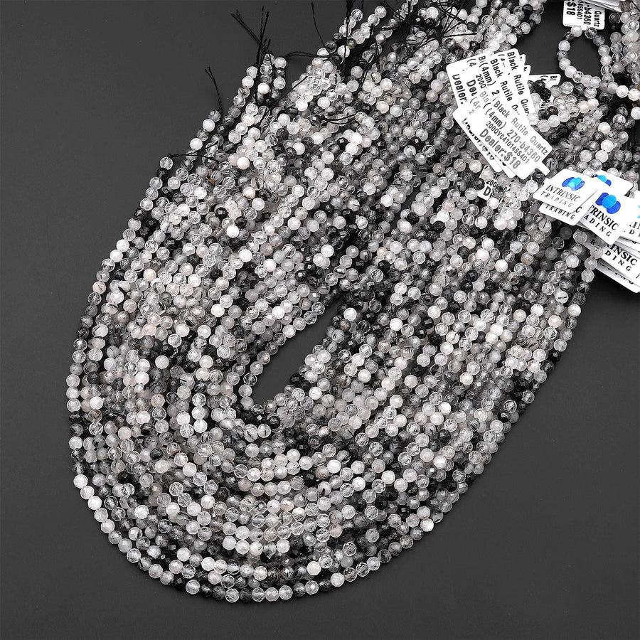 Faceted Natural Black Tourmaline Rutilated Quartz 3mm 4mm Round Beads Micro Cut Gemstone 15.5" Strand