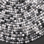 Faceted Natural Black Tourmaline Rutilated Quartz 3mm 4mm Round Beads Micro Cut Gemstone 15.5" Strand