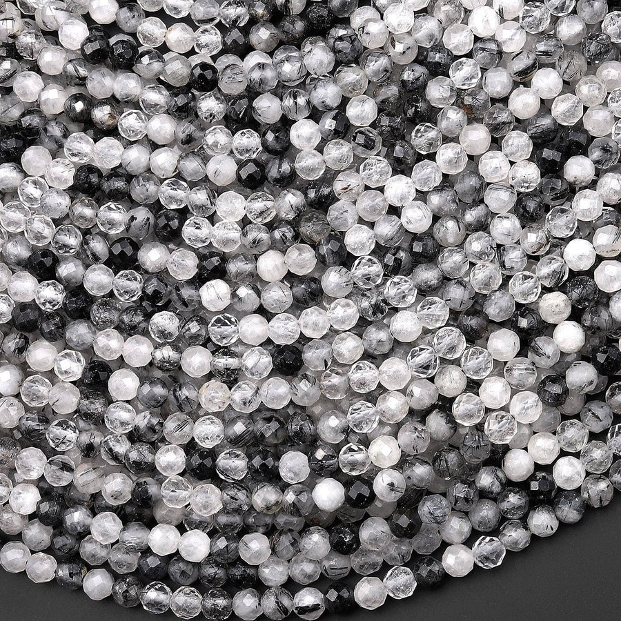 Faceted Natural Black Tourmaline Rutilated Quartz 3mm 4mm Round Beads Micro Cut Gemstone 15.5" Strand