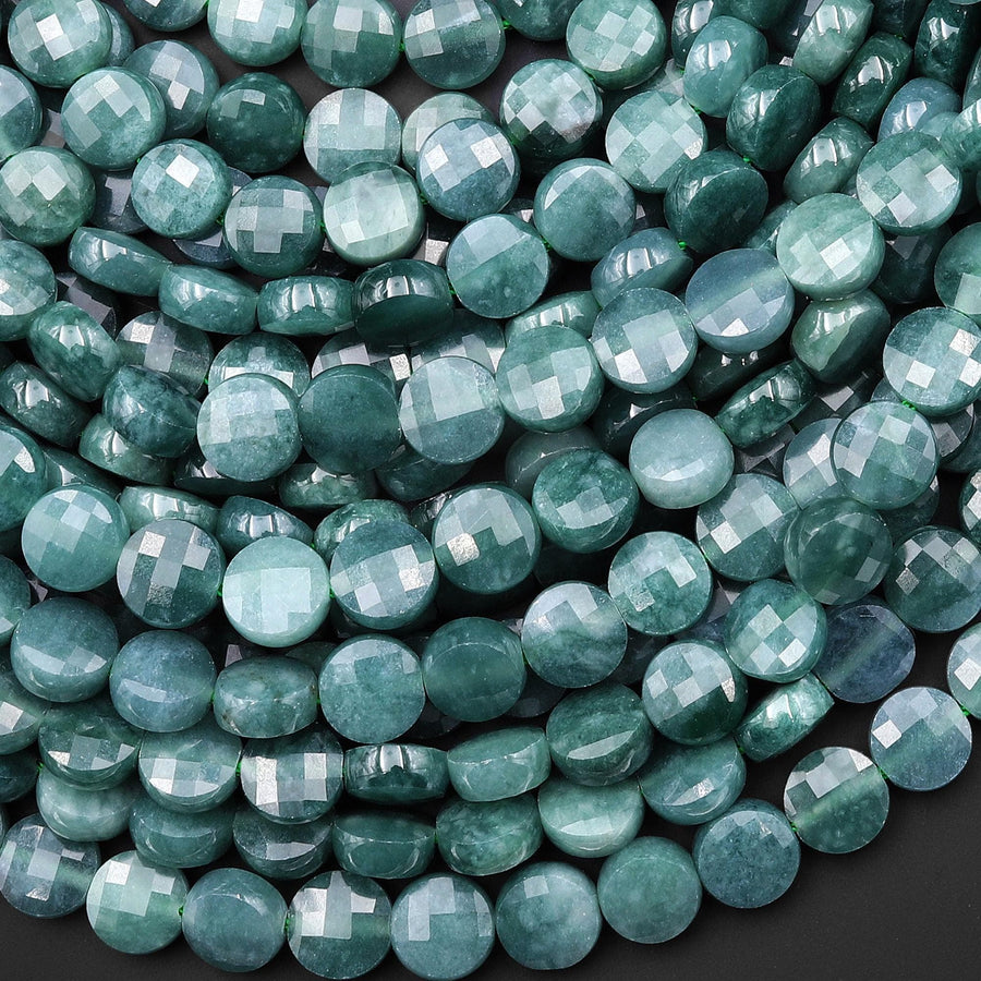 Faceted AAA Natural Guatemalan Blue Green Jade 8mm Coin Beads 15.5" Strand
