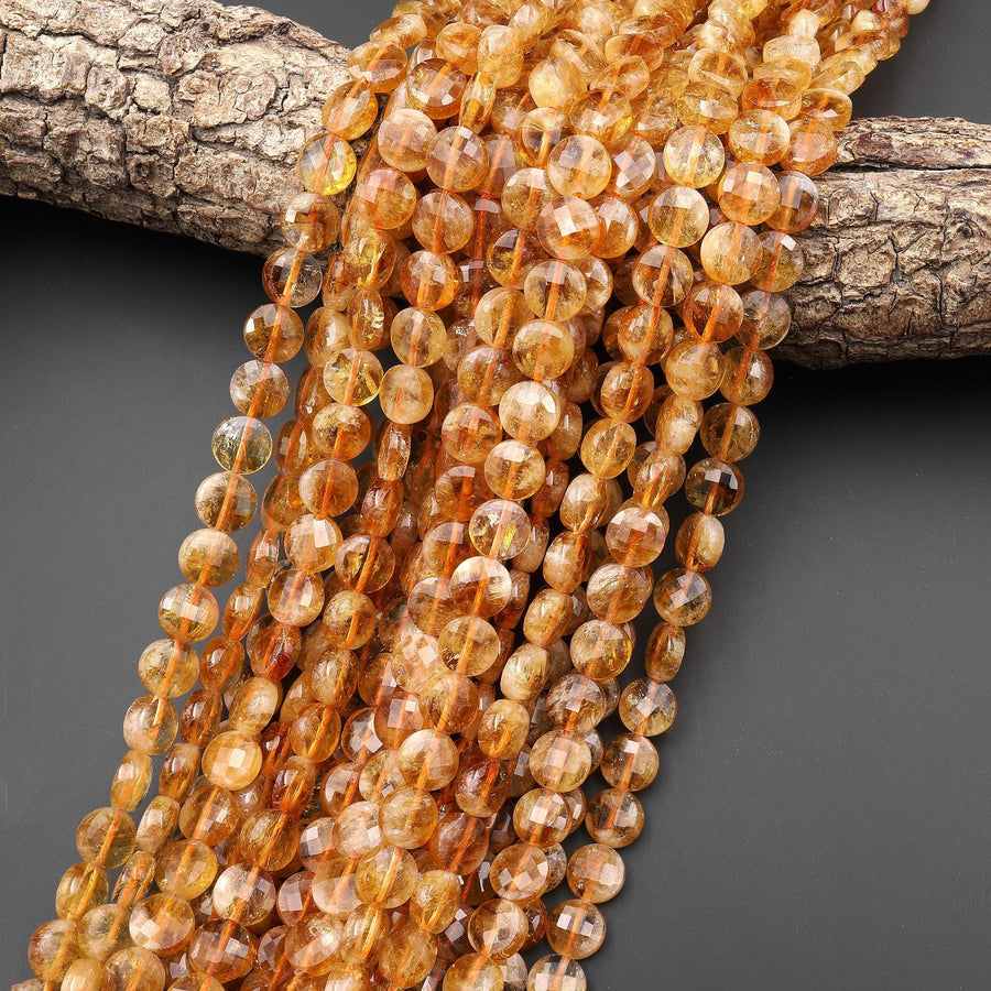 AAA Faceted Natural Honey Golden Yellow Citrine 8mm Coin Beads Gemstone Beads 15.5" Strand