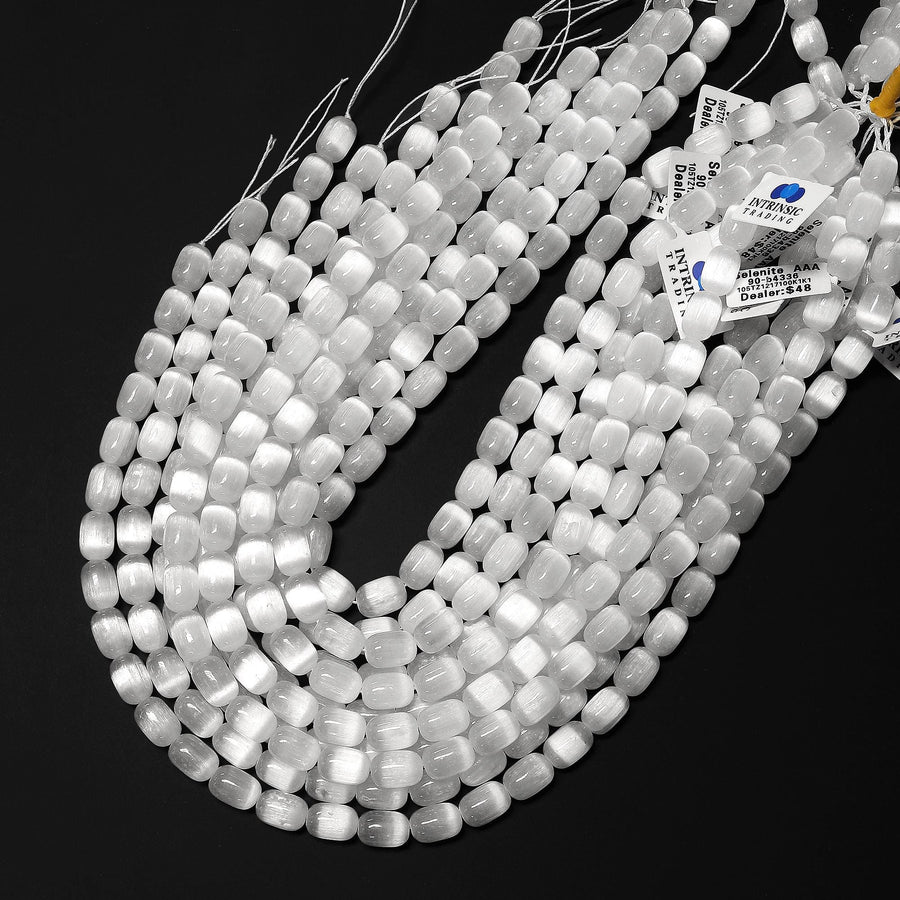 AAA Genuine Natural Cat's Eye Selenite Smooth Barrel Beads 6x9mm 8x12mm 15.5" Strand