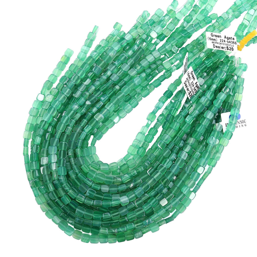 Emerald Green Agate 6mm Smooth Flat Square Cube Beads 14.5" Strand