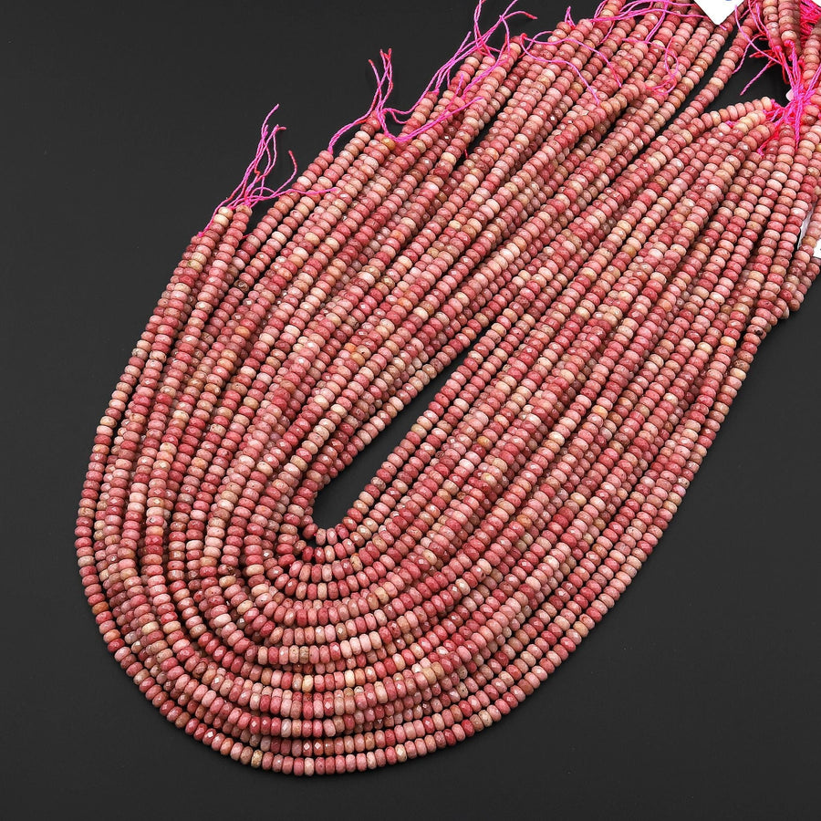 Faceted Natural Pink Petrified Rhodonite 4mm Thin Rondelle Beads Gemstone 15" Strand