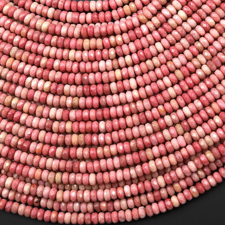 Faceted Natural Pink Petrified Rhodonite 4mm Thin Rondelle Beads Gemstone 15" Strand