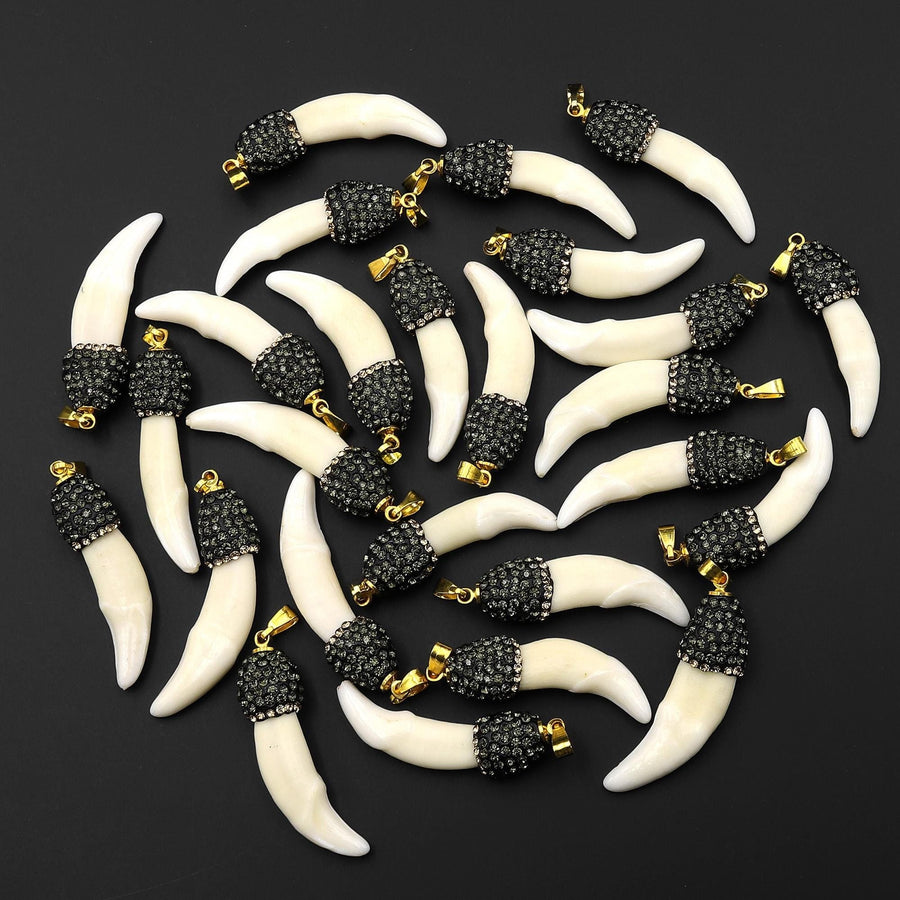 Wild and Exotic Small Real Wolf Tooth Pendant Sparkling Rhinestone