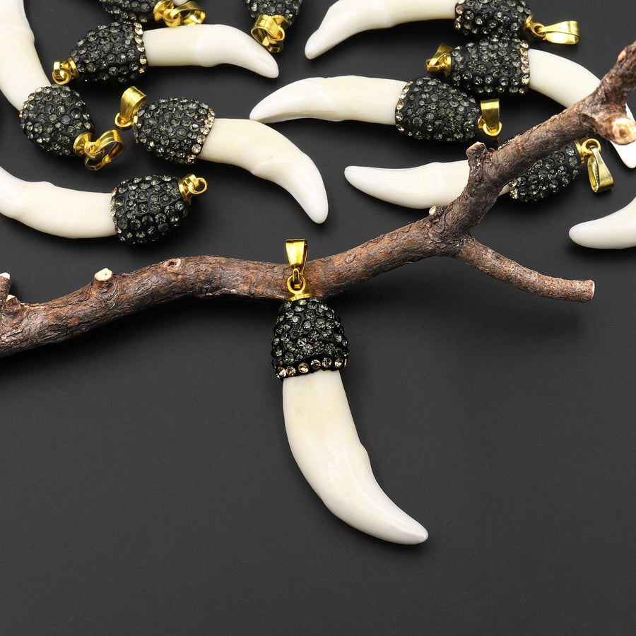 Wild and Exotic Small Real Wolf Tooth Pendant Sparkling Rhinestone A1