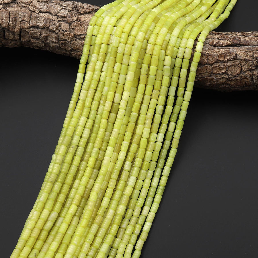 Natural Lemon Yellow Chartreuse Jade Smooth Barrel Tube Beads 4x6mm 15.5" Strand