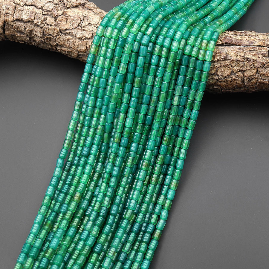 Emerald Green Agate Smooth Barrel Tube Beads 4x6mm 15.5" Strand