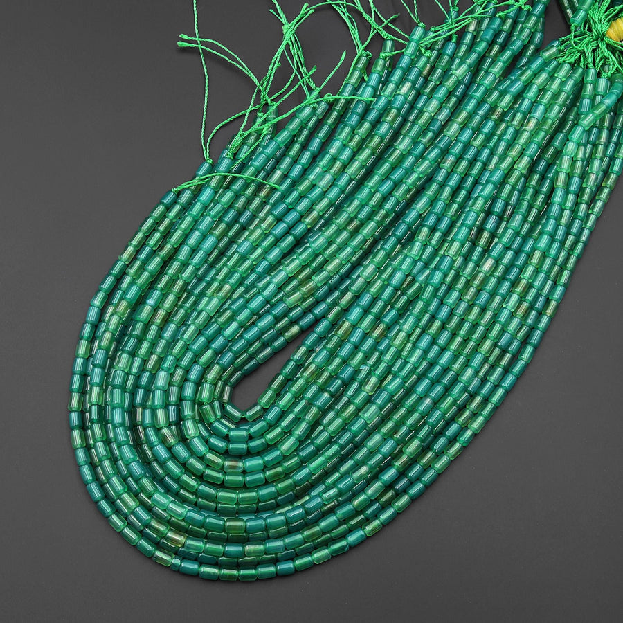 Emerald Green Agate Smooth Barrel Tube Beads 4x6mm 15.5" Strand