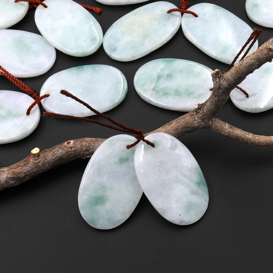 Genuine Natural Green Burma Jade Smooth Oval Earring Pair Drilled Gemstone Matched Beads A2