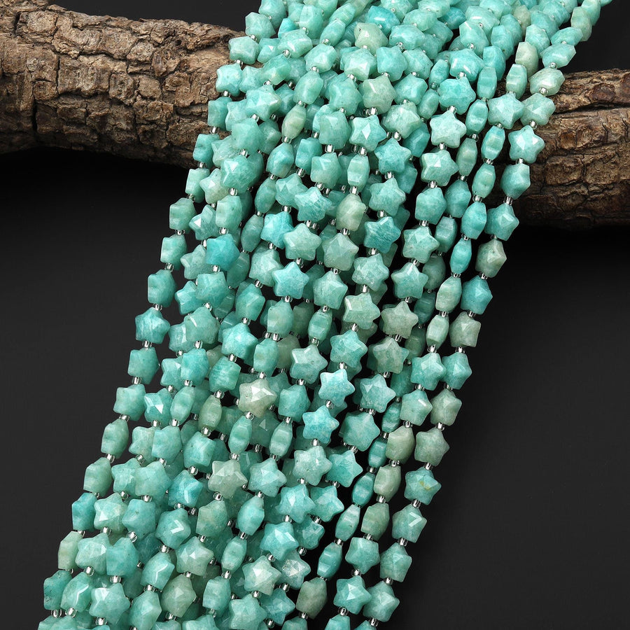 Sparkling Faceted Natural Peruvian Amazonite Beads 8mm Carved Star Gemstone 15.5" Strand