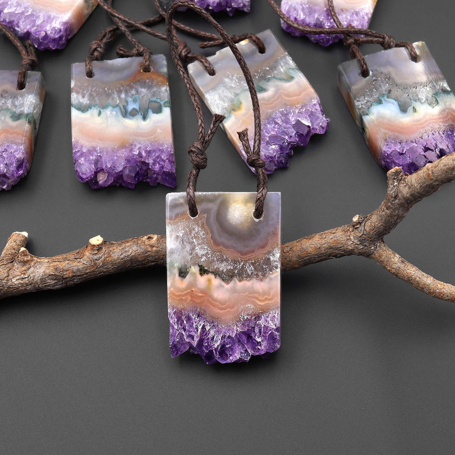 2 Hole Pendant Natural Green Purple Amethyst Stalactite Crystal Pendant Flat Slice Rectangle