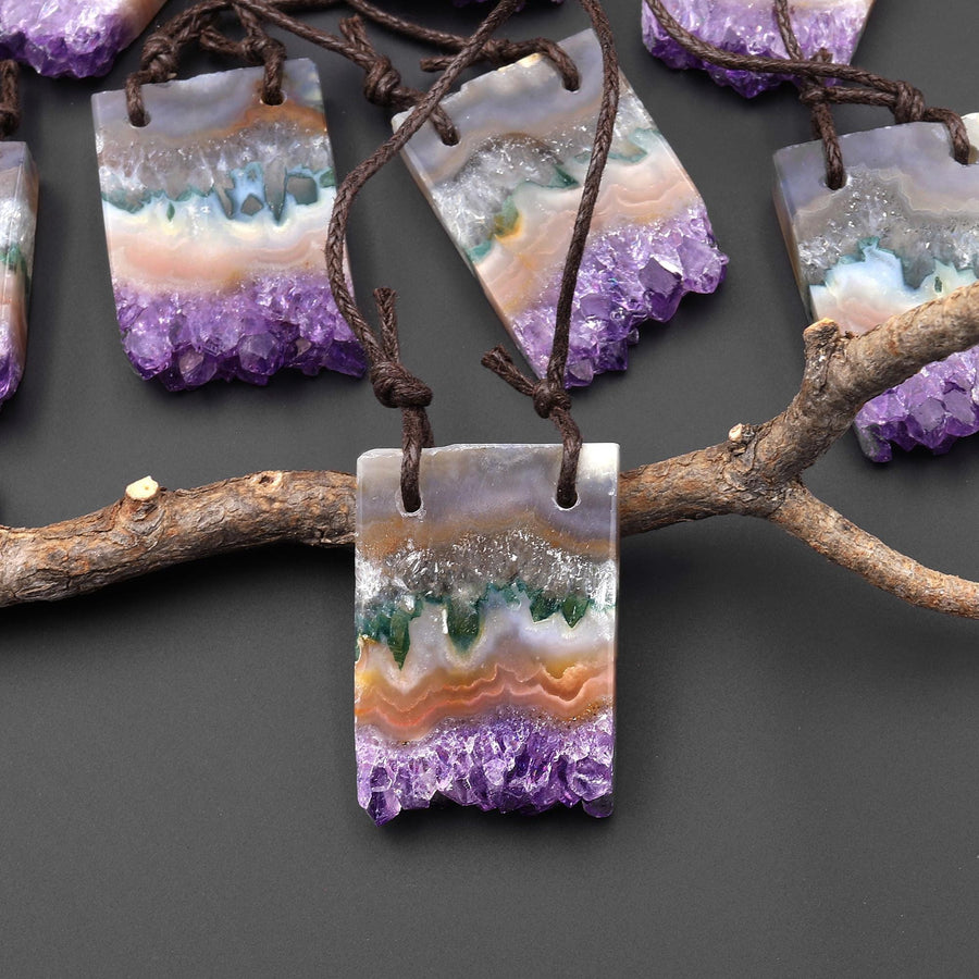 2 Hole Pendant Natural Purple Amethyst Stalactite Crystal Pendant Flat Slice Rectangle A2