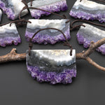 Two 2 Hole Pendant Natural Purple Green Amethyst Stalactite Pendant Flat Slice Long Rectangle