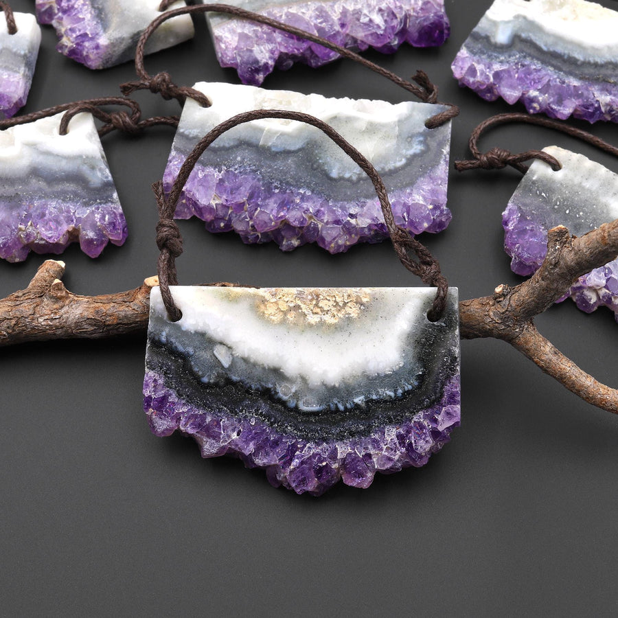 Two 2 Hole Pendant Natural Purple Green Amethyst Stalactite Pendant Flat Slice Long Rectangle