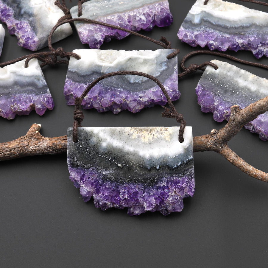 Two 2 Hole Pendant Natural Purple Green Amethyst Stalactite Pendant Flat Slice Long Rectangle A1