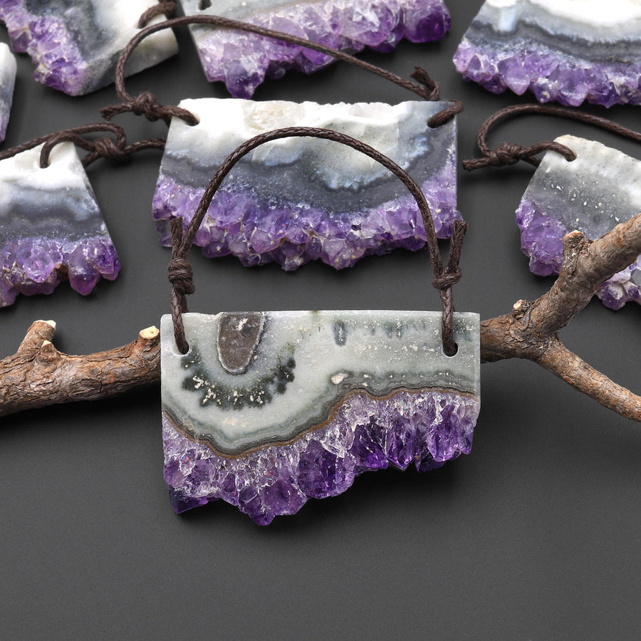 Two 2 Hole Pendant Natural Purple Green Amethyst Stalactite Pendant Flat Slice Long Rectangle A3