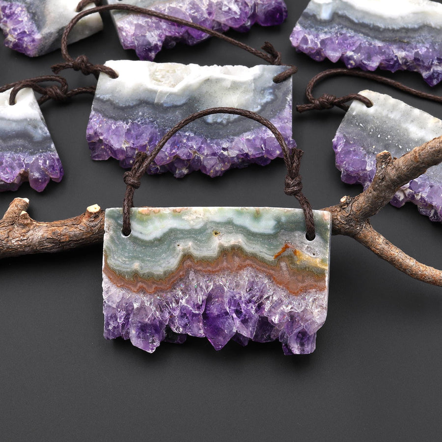 Two 2 Hole Pendant Natural Purple Green Amethyst Stalactite Pendant Flat Slice Long Rectangle A5
