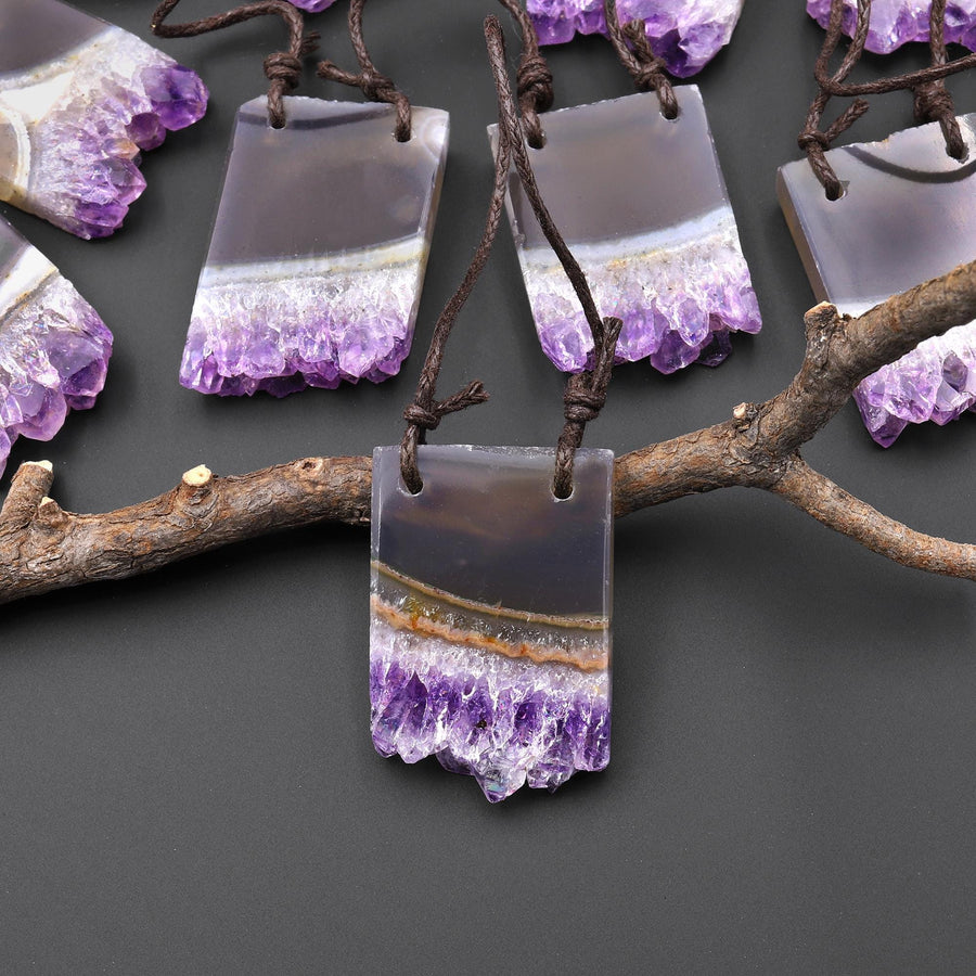Two 2 Hole Pendant Natural Smoky Quartz White Purple Amethyst Stalactite Rectangle
