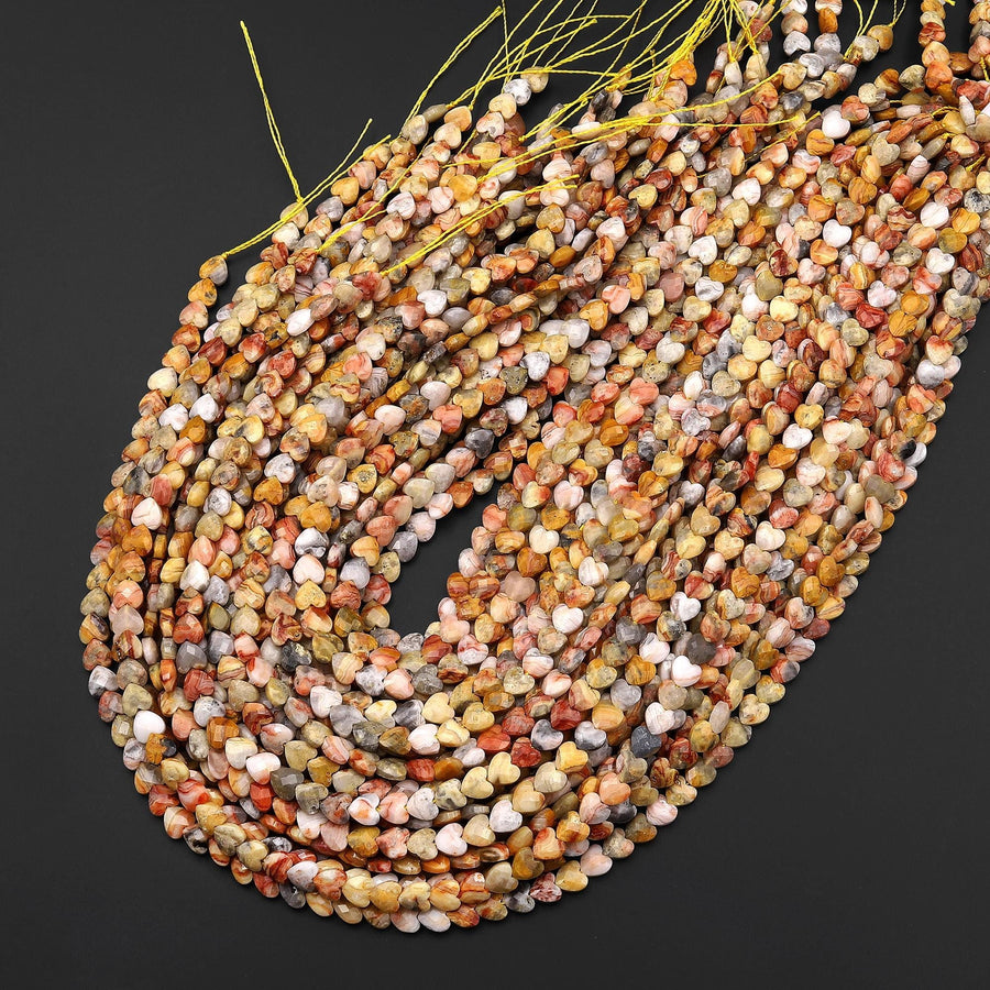 Natural Yellow Pink Crazy Lace Agate Faceted Heart Beads 6mm Center Drilled Gemstone 15.5" Strand