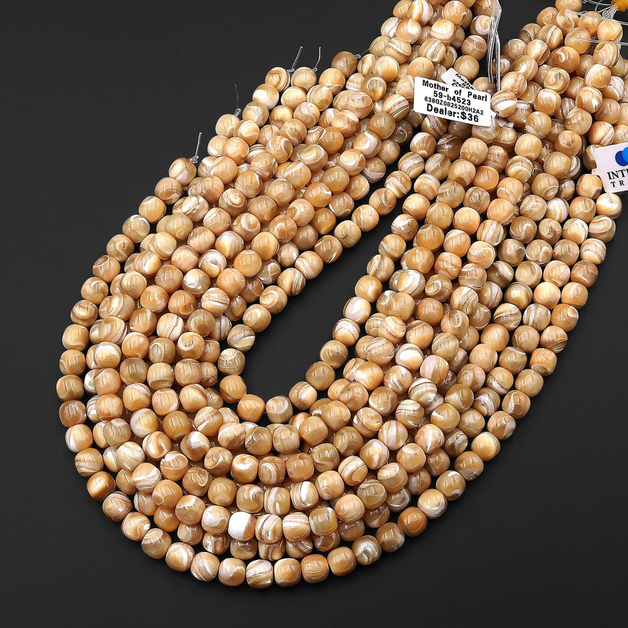 Natural Golden Brown Mother of Pearl Shell Rounded Pillow Cube Beads 6mm 8mm 10mm 15.5" Strand