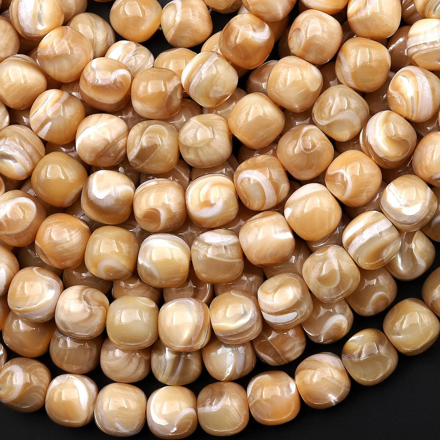Natural Golden Brown Mother of Pearl Shell Rounded Pillow Cube Beads 6mm 8mm 10mm 15.5" Strand