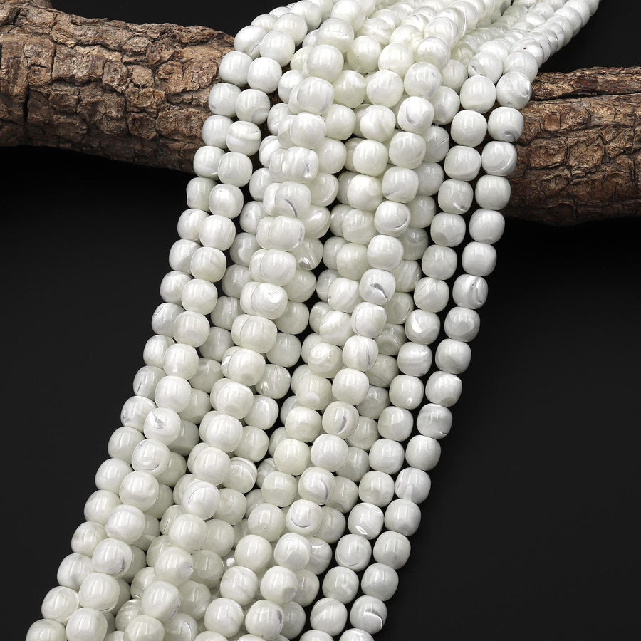 Natural White Mother of Pearl Shell Rounded Pillow Cube Beads 6mm 8mm 10mm 15.5" Strand