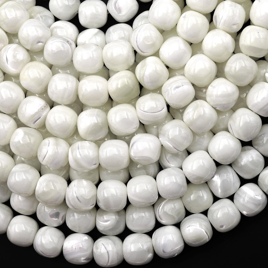 Natural White Mother of Pearl Shell Rounded Pillow Cube Beads 6mm 8mm 10mm 15.5" Strand