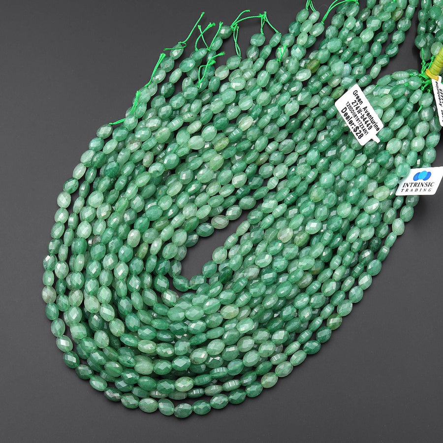 Faceted Natural Green Aventurine Oval Gemstone Beads 6x8mm 15.5" Strand