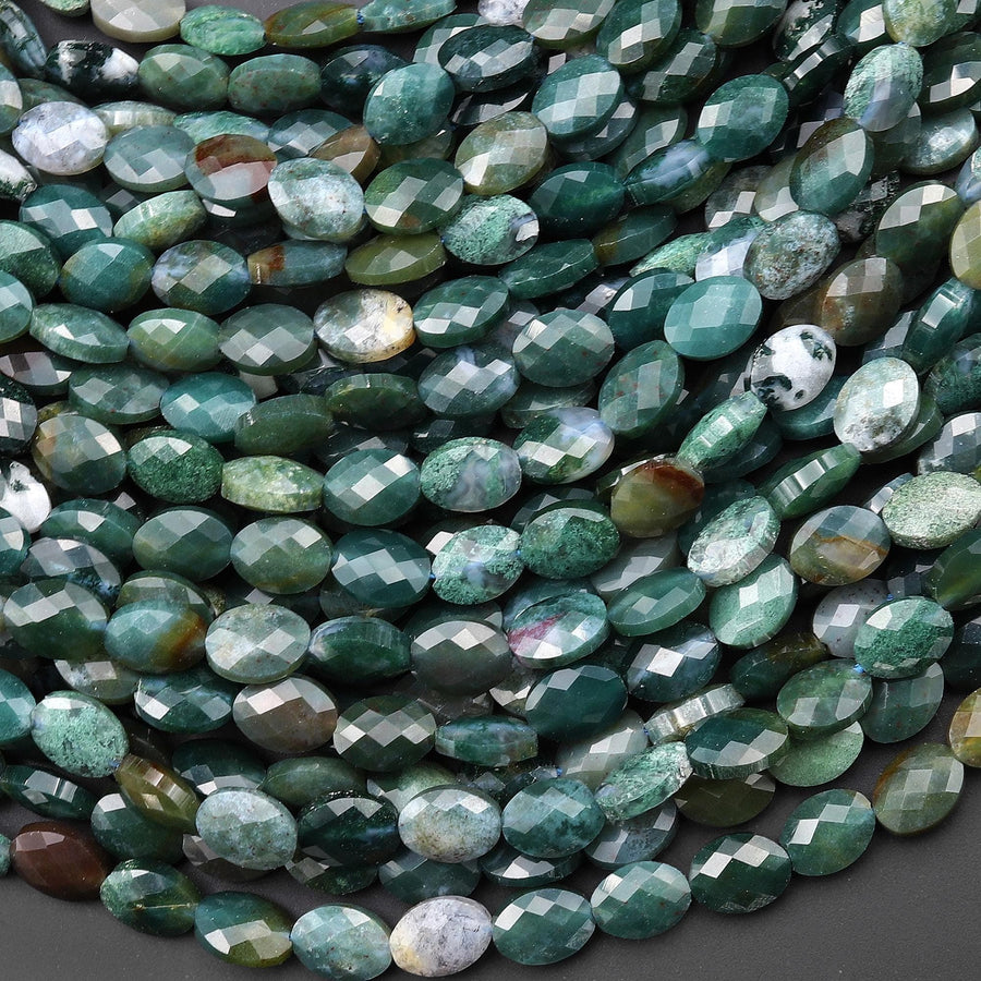 Faceted Natural Green Moss Agate Oval Gemstone Beads 6x8mm 15.5" Strand