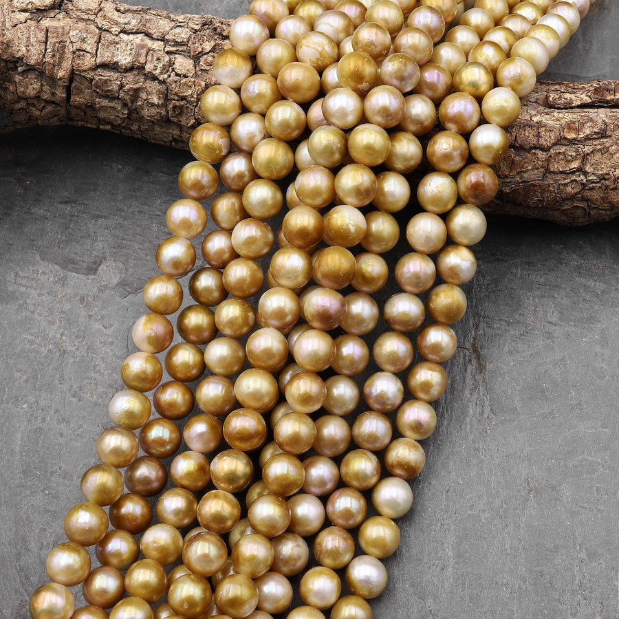 Rare Genuine Natural Gold Champagne Freshwater Round 10mm Pearl 15.5" Strand