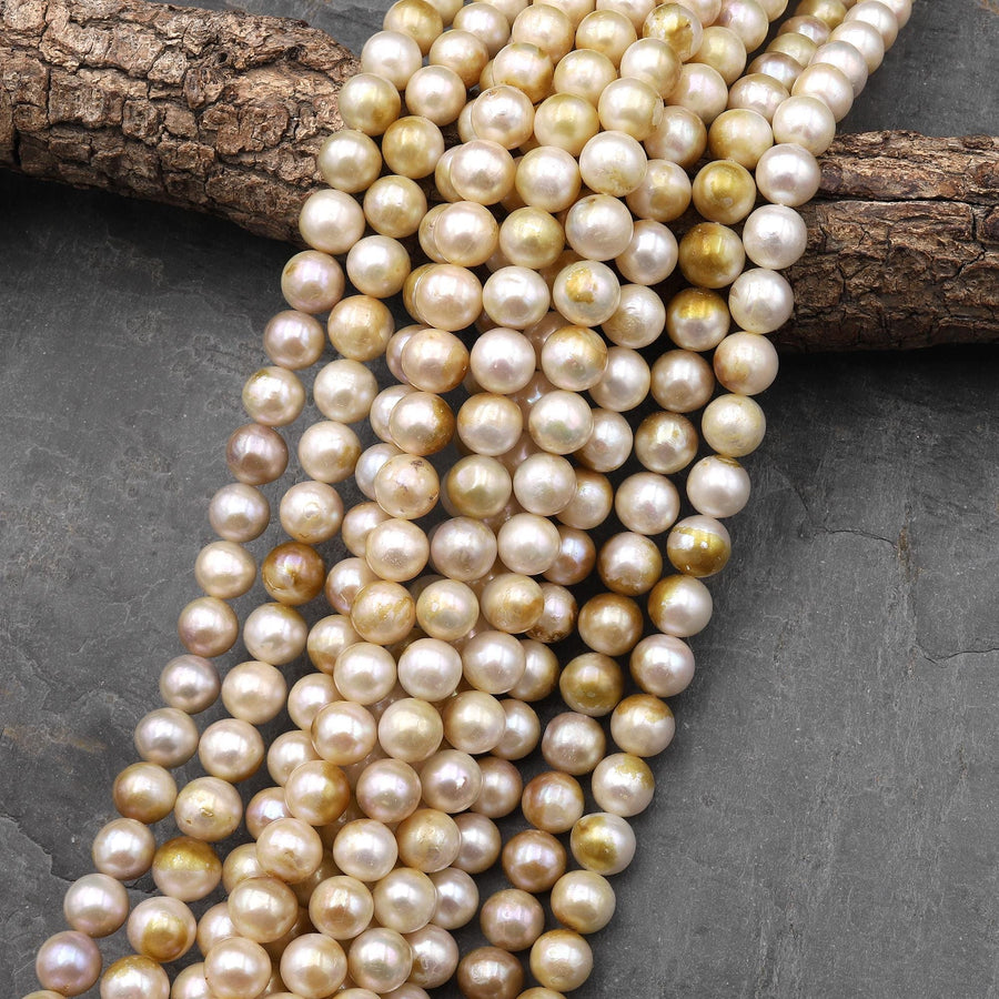 Rare Genuine Natural Gold White Freshwater Round 10mm Pearl 15.5" Strand