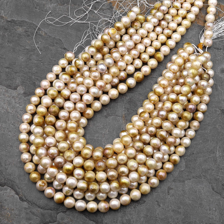 Rare Genuine Natural Gold White Freshwater Round 10mm Pearl 15.5" Strand