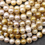 Rare Genuine Natural Gold White Freshwater Round 10mm Pearl 15.5" Strand