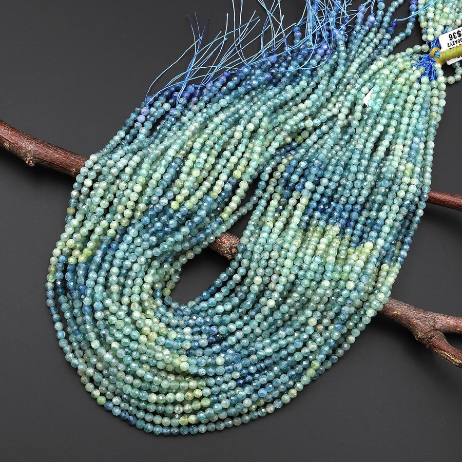 AAA Rare Faceted Natural Bicolor Blue Green Kyanite 3mm 4mm Round Ombre Beads 15.5" Strand