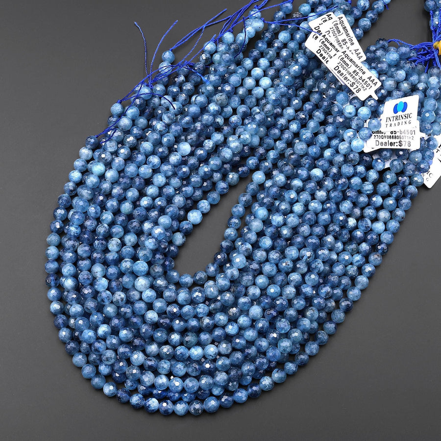 AAA Faceted Natural Stormy Blue Santa Maria Aquamarine 6mm Round Beads 15.5" Strand